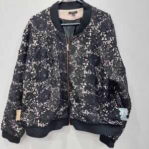 Stella & Dot Women's 2X Danielle Lace and Satin Bomber Jacket, Black Pink